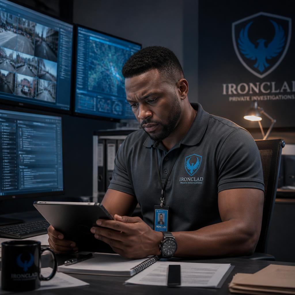 Ironclad private investigator reviewing information on a tablet